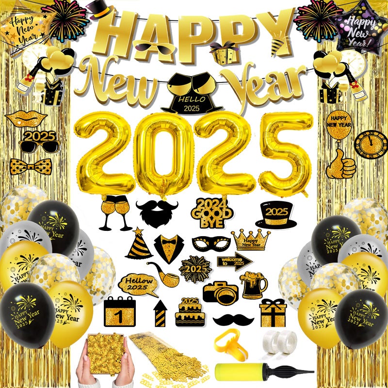 تيوكس زينة السنة الجديدة 53 قطعة زينة سنة جديدة سعيدة 2025 سنة جديدة سعيدة لافتة رقائق احباط بالونات صور كشك الدعائم حلويات ليلة رأس السنة الجديدة لوازم الحفلات 2025 زينة نيويورك 2025 - Image 2