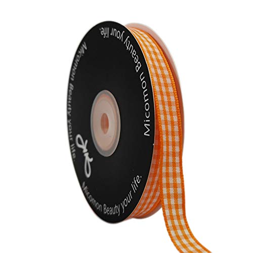 Micomon Orange Gingham Plaid Checked Ribbon 25 Yard Each Roll 100% Polyester (3/8", Orange) - Image 1