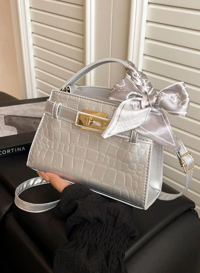Take Two Silver Crocodile Embossed Shoulder Bag with Scarf Accent