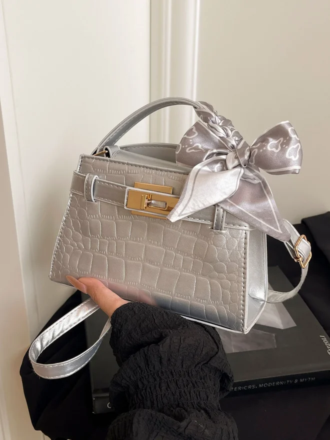 Silver Crocodile Embossed Shoulder Bag with Scarf Accent