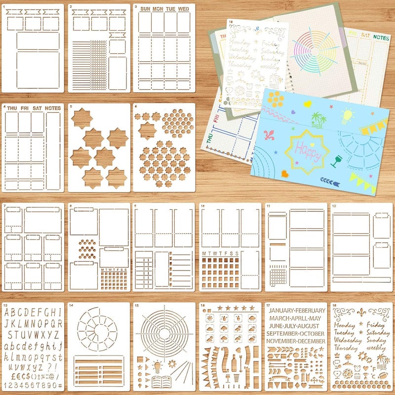Zonon 18 Pieces Ultimate Productivity Stencil Set A5 Journal Stencil Plastic Planner Stencil Schedule Template Stencil Daily Weekly Monthly Calendars Habit Tracker for DIY Notebook Diary Planners Layouts  - Image 1