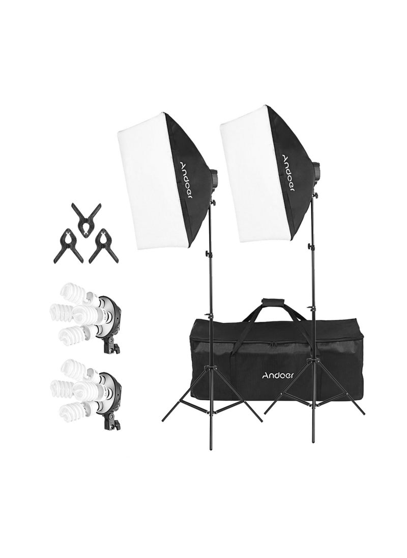 ANDOER - Andoer Studio Photography Lighting Kit with 2pcs 50*70cm Softbox 2pcs 4in1 Bulb Socket 8pcs 45W Light Bulb 2pcs Light Stand 3pcs Fish-like Mount Clip 1 Carrying Bag -UK Plug - Image 1