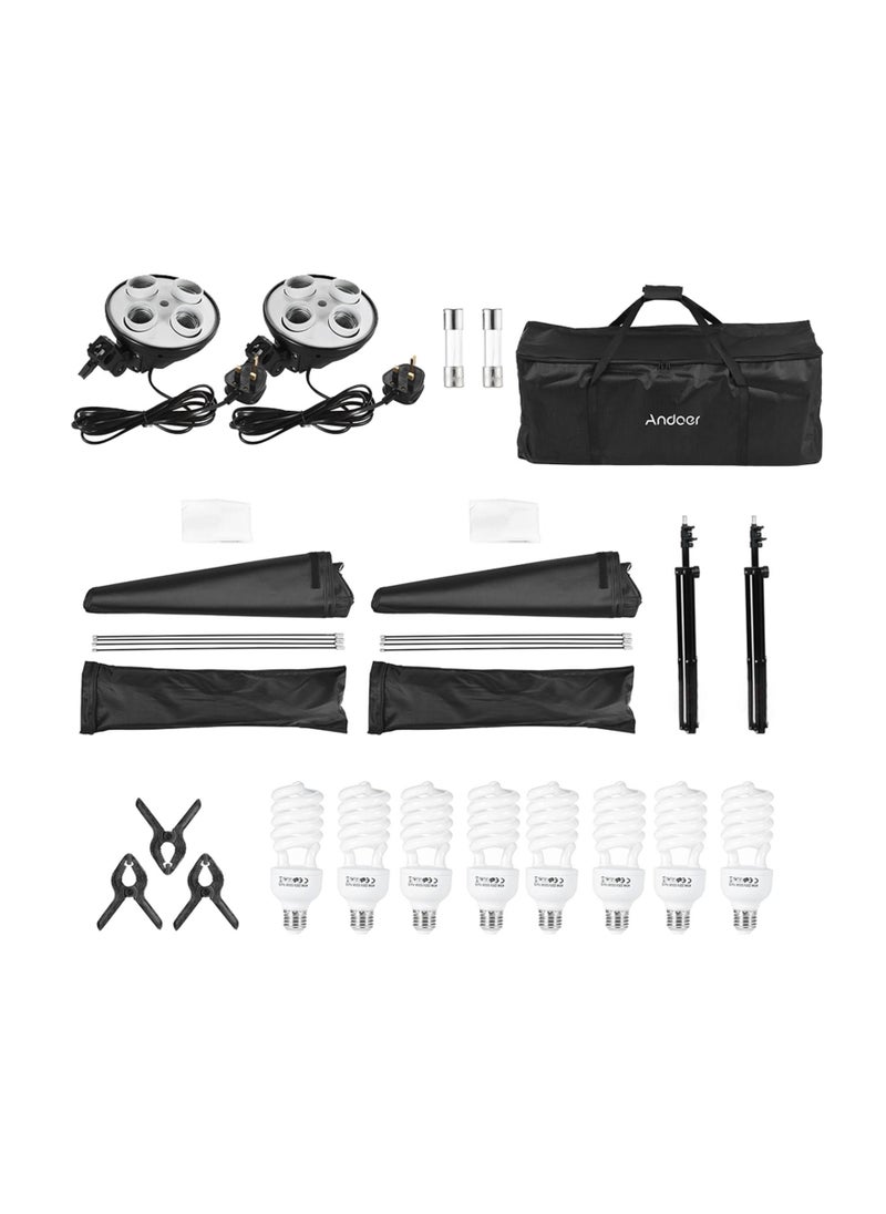 ANDOER - Andoer Studio Photography Lighting Kit with 2pcs 50*70cm Softbox 2pcs 4in1 Bulb Socket 8pcs 45W Light Bulb 2pcs Light Stand 3pcs Fish-like Mount Clip 1 Carrying Bag -UK Plug - Image 1