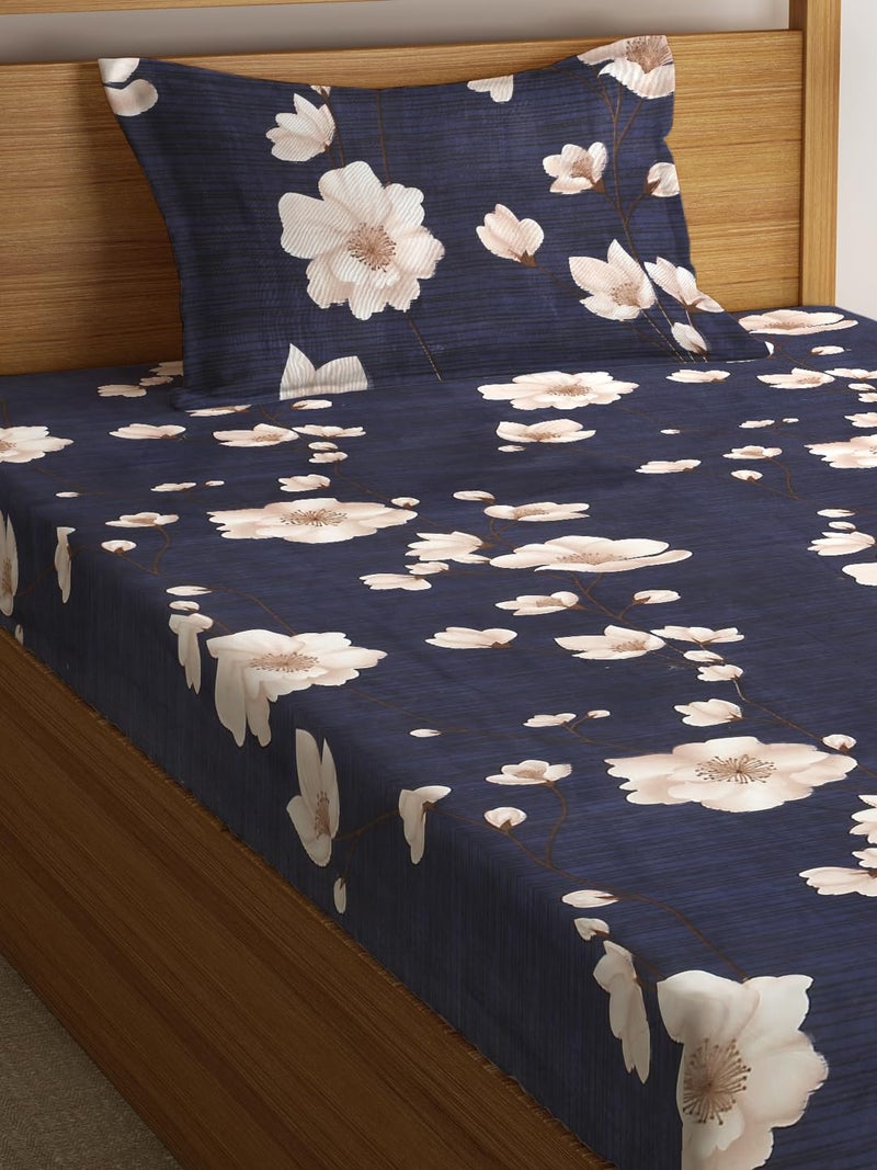Fashion String 144TC Microfibre Midnight Floral Bloom Blue Single Bedsheet with 1 Pillow Cover - Image 3