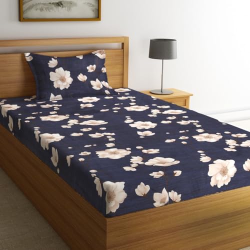 Fashion String 144TC Microfibre Midnight Floral Bloom Blue Single Bedsheet with 1 Pillow Cover - Image 1