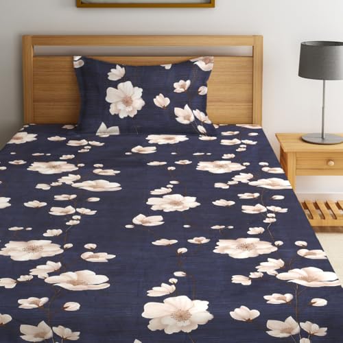 Fashion String 144TC Microfibre Midnight Floral Bloom Blue Single Bedsheet with 1 Pillow Cover - Image 2
