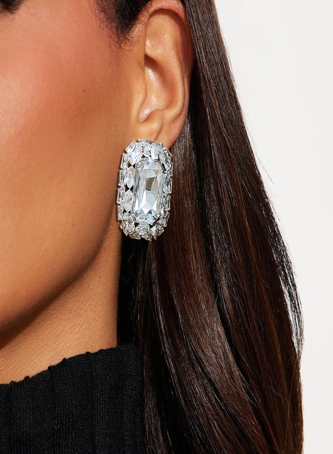 STONEFANS Clip On Earrings Women - Dainty Square Crsystal Clip Earrings Silver Statement Rhinestone Earring Fashion Formal Prom Wedding Jewelry Gifts - Image 2