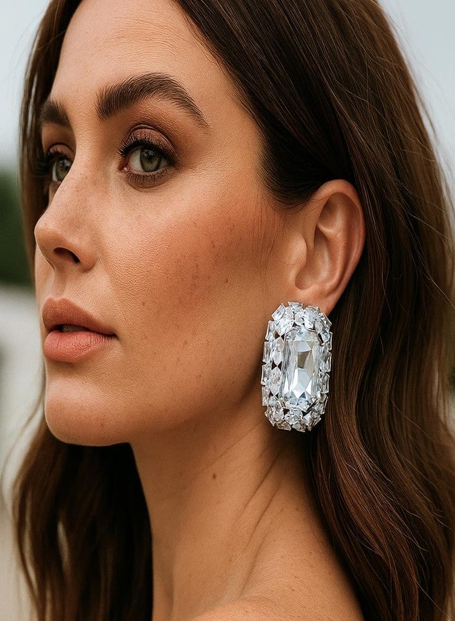 STONEFANS Clip On Earrings Women - Dainty Square Crsystal Clip Earrings Silver Statement Rhinestone Earring Fashion Formal Prom Wedding Jewelry Gifts - Image 3