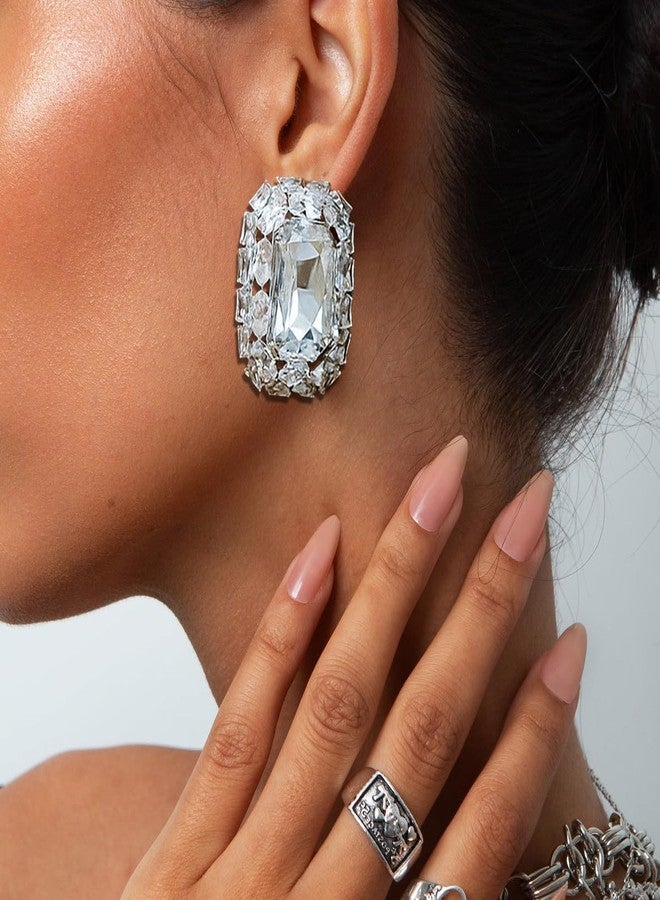 STONEFANS Clip On Earrings Women - Dainty Square Crsystal Clip Earrings Silver Statement Rhinestone Earring Fashion Formal Prom Wedding Jewelry Gifts - Image 5