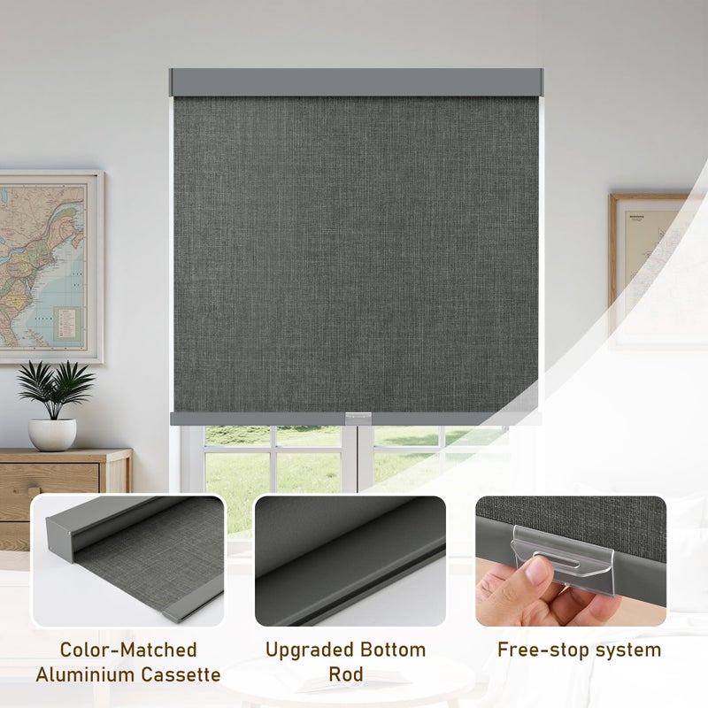 AOSKY Linen Roller Blinds Shades for Indoor Windows Pull Down Cordless Blackout Black Out Window Shade 24 Inch Blinds for Home Dark Grey - Image 3