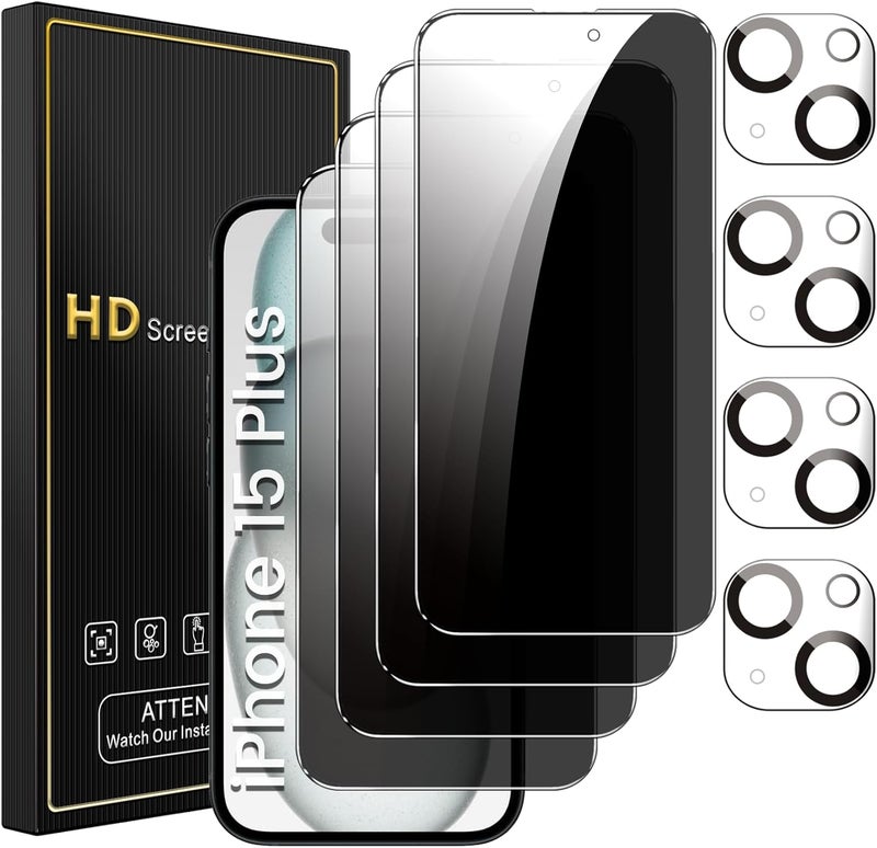 Romkasi 4 Pack Privacy Screen Protector for iPhone 15 Plus 6.7 Inch with 4 Pack Camera Lens Protector, Anti Spy Tempered Glass Film, Anti-Scratch, Touch Sensitive, Case Friendly - Image 1