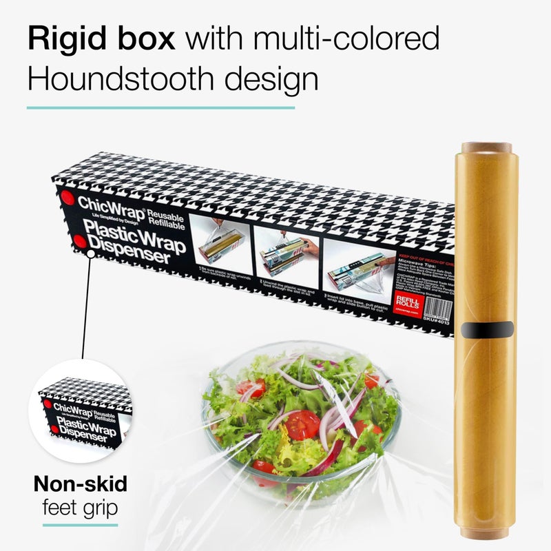 Chicwrap Houndstooth Refillable Plastic Wrap Dispenser - One 12" x 250' Roll of Professional Grade Plastic Wrap - BPA Free and Kosher Certified - Reusable Dispenser w/Slide Cutter - Image 3