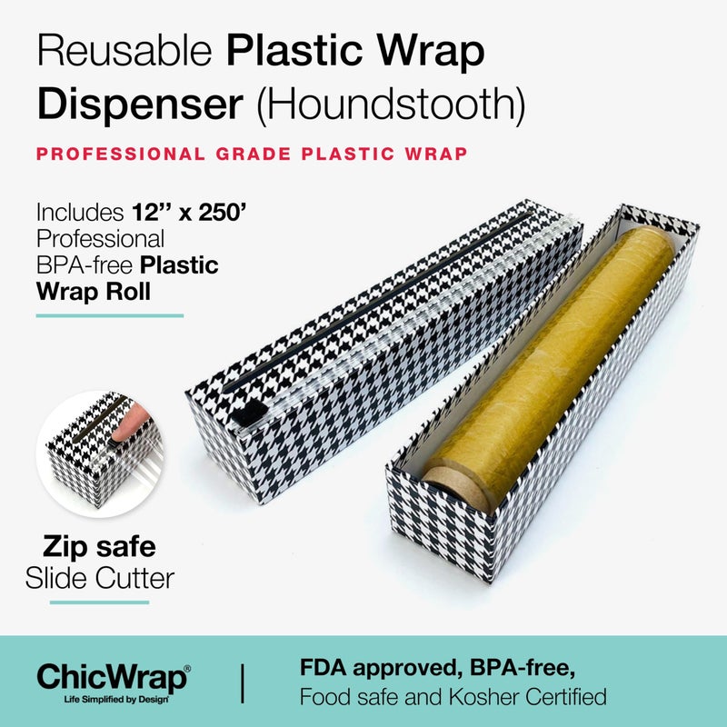 Chicwrap Houndstooth Refillable Plastic Wrap Dispenser - One 12" x 250' Roll of Professional Grade Plastic Wrap - BPA Free and Kosher Certified - Reusable Dispenser w/Slide Cutter - Image 2