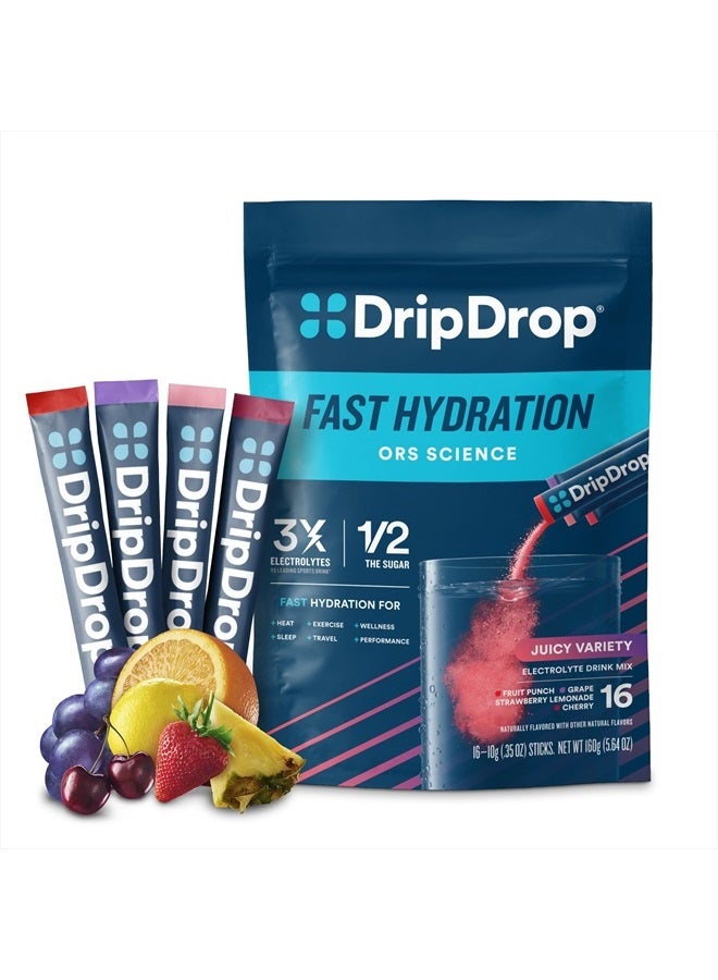 DripDrop Hydration - Juicy Variety Pack - Electrolyte Drink Mix Single Serve Hydration Powder Packets - Grape, Fruit Punch, Strawberry Lemonade, Cherry | Non-GMO, Gluten Free, Vegan | 16 Sticks - Image 1