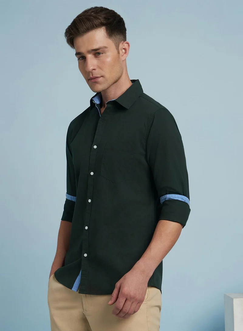 Dennis Lingo Men's Green 100% Cotton Solid Button Down Regular Fit Shirt
