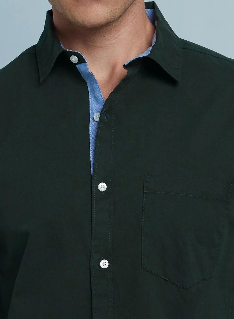 Dennis Lingo Men's Green 100% Cotton Solid Button Down Regular Fit Shirt