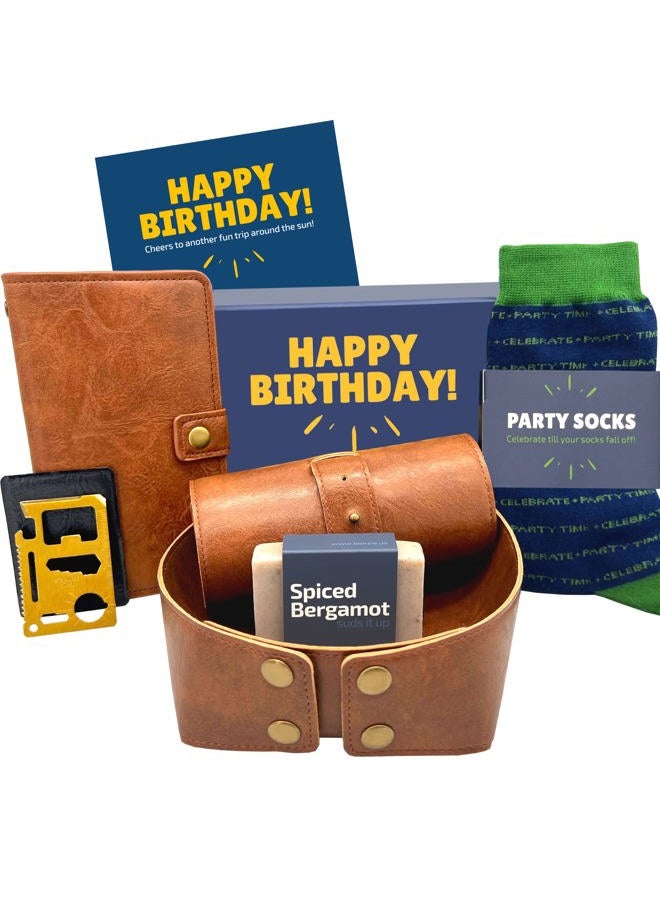 Boxzie Happy Birthday Box for Men | Birthday Gifts for Men Leather Organizers Notebook Socks Soap Multi Tool | Mens Birthday Gift Ideas are Unique Thoughtful Presents for Him Guys Dad Brother Son Husband - Image 1