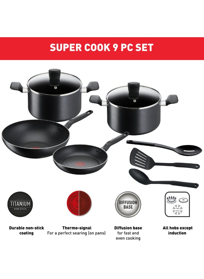 TEFAL Cookware Set of 9 PCs |Super Cook| frypan 24 cm/wokpan 28 cm/stewpots 22/24 cm/spoon/slotted spoon/slotted spatula | Aluminium Non-Stick with Thermo Signal | Black | 2 Years Warranty | B459S984 Black - Image 2