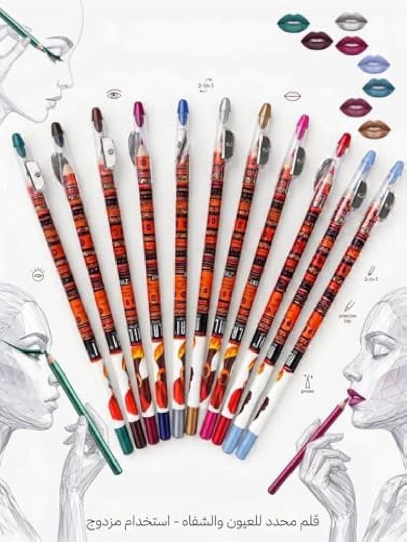 2 in 1 Eyeliner & Lip Pencil 10 Assorted Colors Pencil with Sharpener, Fine Tip - Image 1