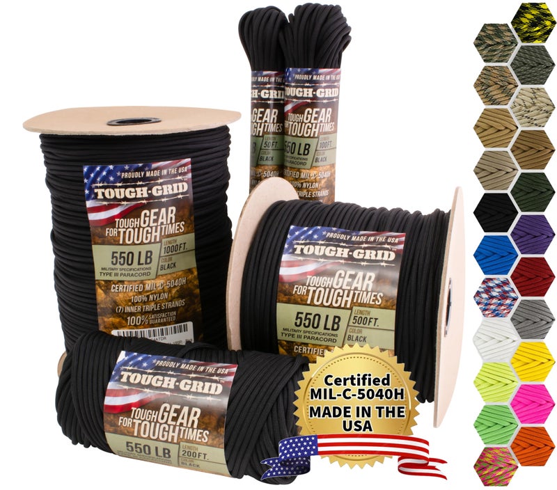 TOUGH-GRID Premium Black 550 Paracord/Parachute Cord - 100% Nylon Mil-Spec Type III Paracord Rope Used by The US Military, Great for Bracelets and Lanyards, Tactical Paracord 200Ft. - Black - Image 1