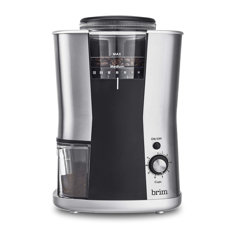 BRIM Conical Burr Coffee Grinder, Uniformly Grinds Beans for 1-17 Cups of Coffee, Features Removable Bean Container, 17 Precise Grind Size Settings, and Convenient Auto Shut Off, Stainless Steel/Black - Image 1