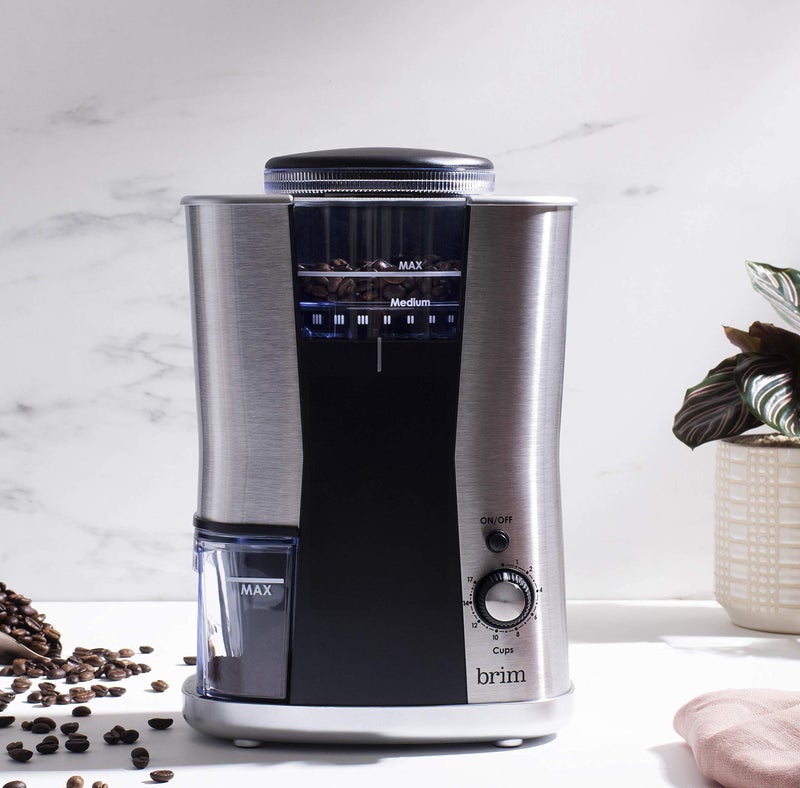BRIM Conical Burr Coffee Grinder, Uniformly Grinds Beans for 1-17 Cups of Coffee, Features Removable Bean Container, 17 Precise Grind Size Settings, and Convenient Auto Shut Off, Stainless Steel/Black - Image 4