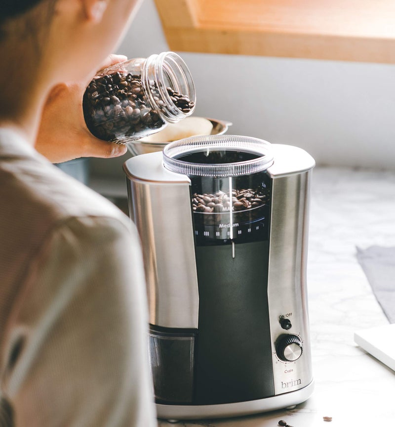 BRIM Conical Burr Coffee Grinder, Uniformly Grinds Beans for 1-17 Cups of Coffee, Features Removable Bean Container, 17 Precise Grind Size Settings, and Convenient Auto Shut Off, Stainless Steel/Black - Image 5