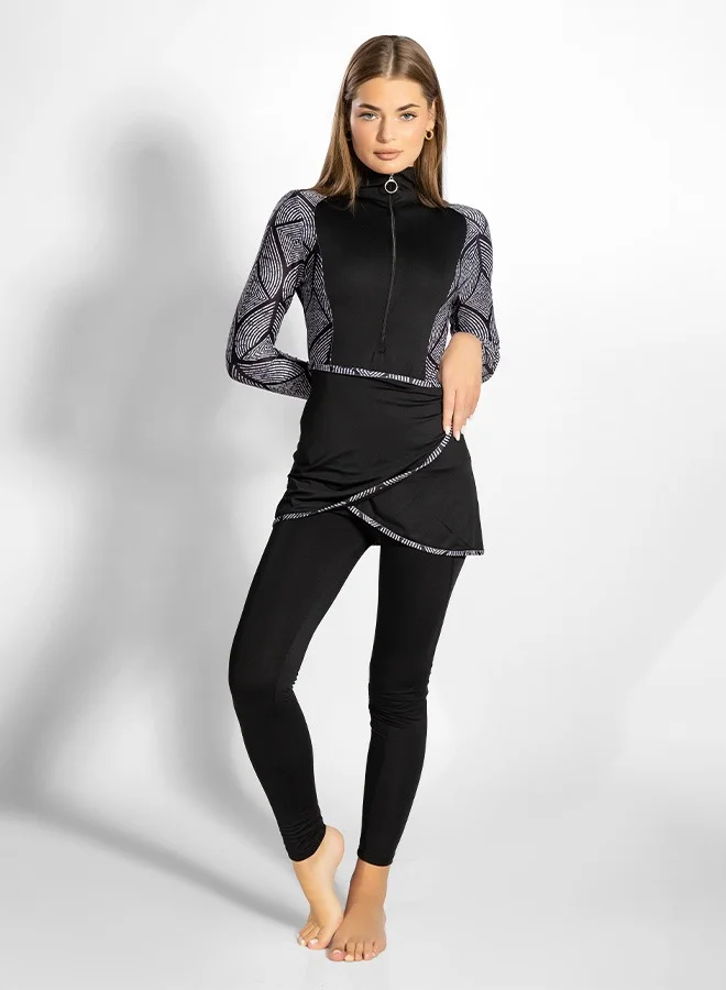 MINERVA SECRETS MAZE PATH- Exclusive Premium Burkini with Elegant Top, High-Waisted Leggings, Chic Beach Skirt