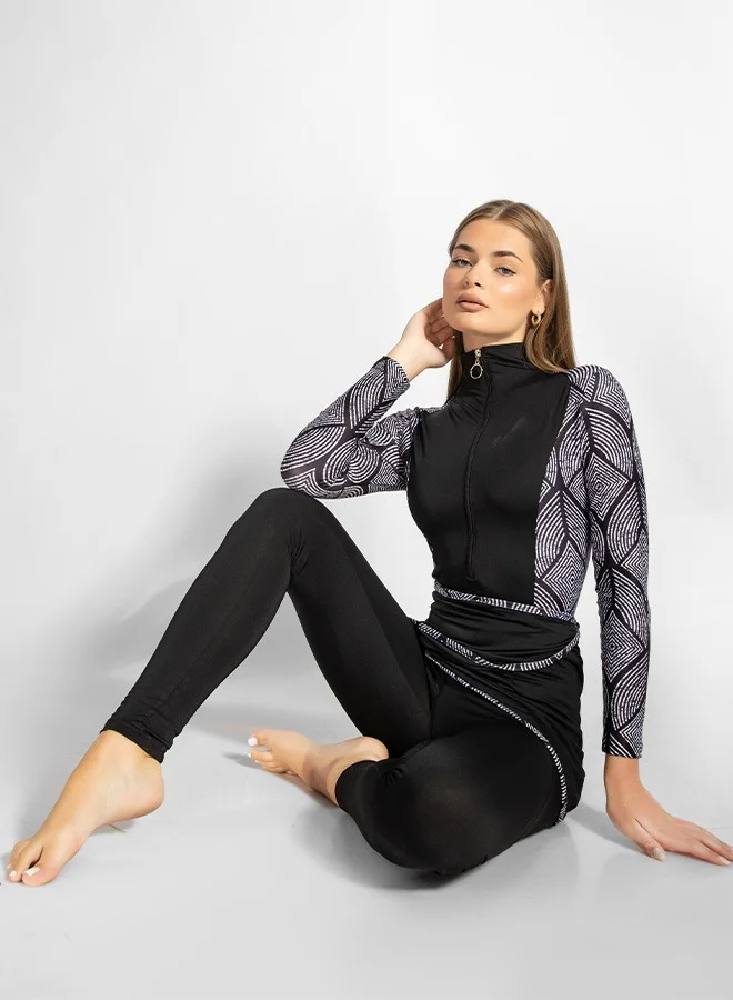 MINERVA SECRETS MAZE PATH- Exclusive Premium Burkini with Elegant Top, High-Waisted Leggings, Chic Beach Skirt