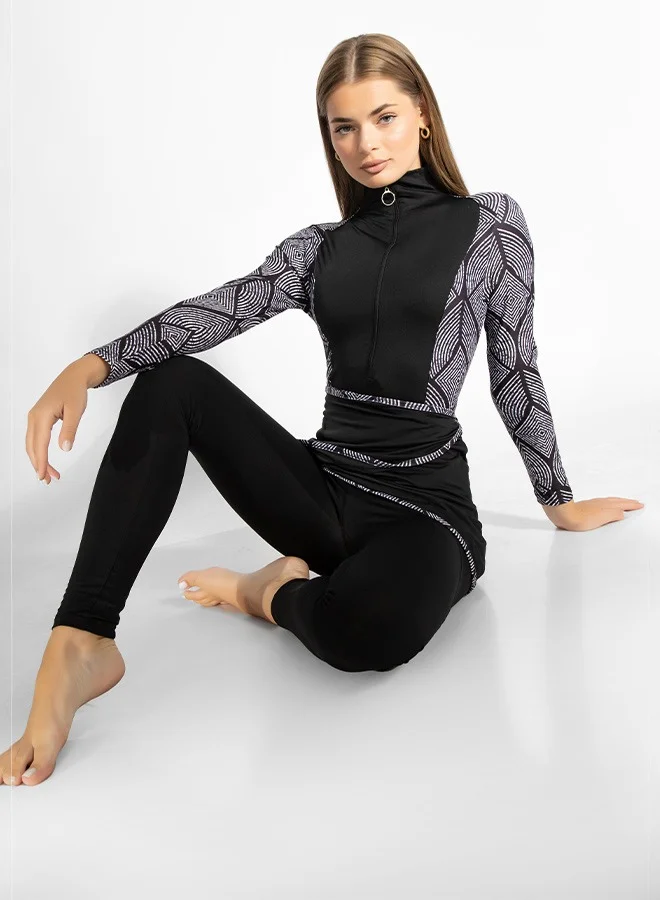 MINERVA SECRETS MAZE PATH- Exclusive Premium Burkini with Elegant Top, High-Waisted Leggings, Chic Beach Skirt