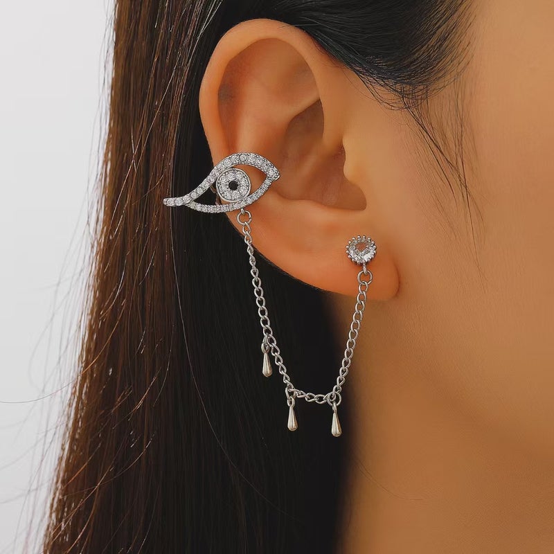 ofeankri Cross-Border Fashion Devil's Eye One-Piece Ear Bone Clip with Tassel, Rhinestone-Encrusted Eye Earrings - Image 2