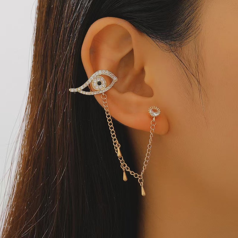 ofeankri Cross-Border Fashion Devil's Eye One-Piece Ear Bone Clip with Tassel, Rhinestone-Encrusted Eye Earrings - Image 1