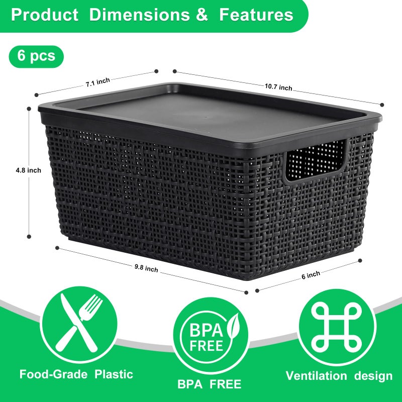 Wrrlors 6 Pack Plastic Storage Baskets With Lids,Black Breathable Stackable Storage Bins,Small Storage Containers,for Organizing Storage Baskets on Desktops,Closets,Playrooms,Classrooms,Offices - Image 3