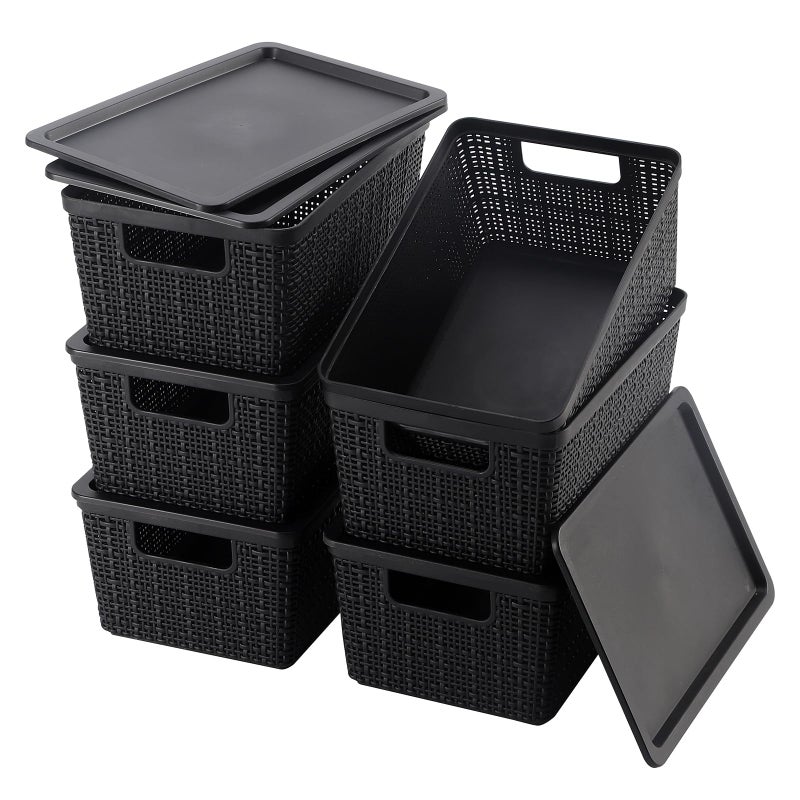 Wrrlors 6 Pack Plastic Storage Baskets With Lids,Black Breathable Stackable Storage Bins,Small Storage Containers,for Organizing Storage Baskets on Desktops,Closets,Playrooms,Classrooms,Offices - Image 1