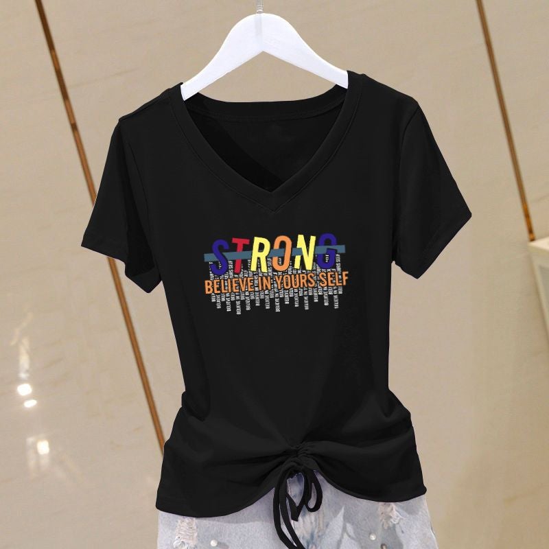 Summer Plus Size Cotton V-Neck Slimming Tee for Women Black-STRONG-Orange