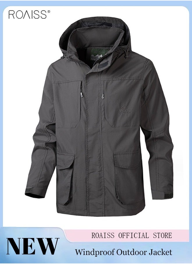 roaiss - Men'S Casual Loose Windproof Jacket Solid Sports Hoodie Lightweight Outdoor Hiking Zipper Jacket - Image 1