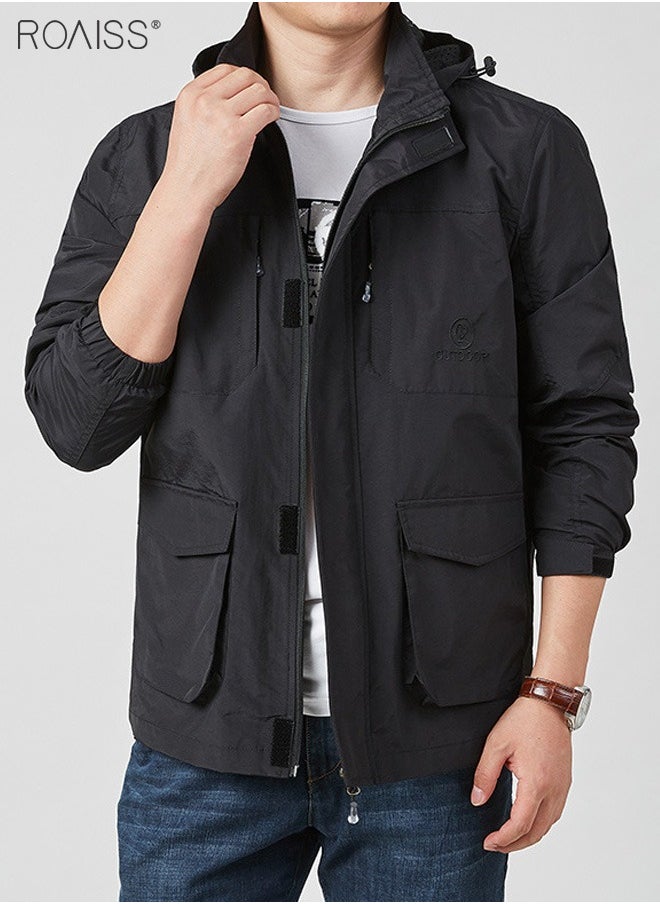 roaiss - Men'S Casual Loose Windproof Jacket Solid Sports Hoodie Lightweight Outdoor Hiking Zipper Jacket - Image 1