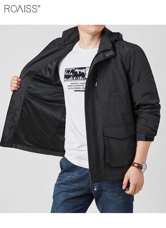 roaiss - Men'S Casual Loose Windproof Jacket Solid Sports Hoodie Lightweight Outdoor Hiking Zipper Jacket - Image 1