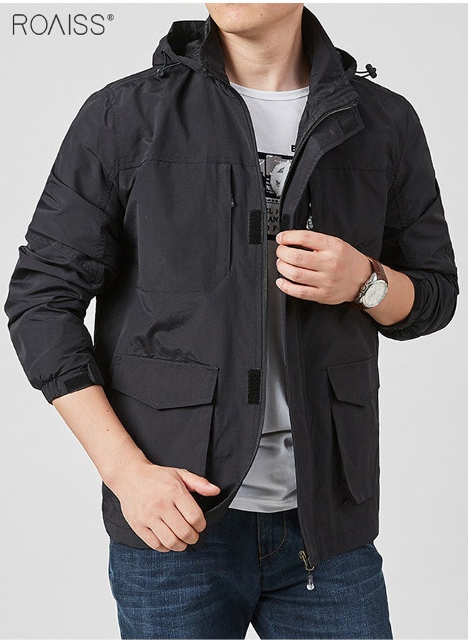 roaiss - Men'S Casual Loose Windproof Jacket Solid Sports Hoodie Lightweight Outdoor Hiking Zipper Jacket - Image 1