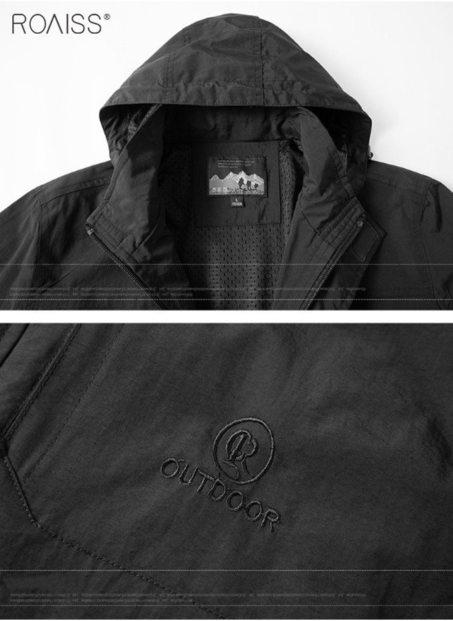 roaiss - Men'S Casual Loose Windproof Jacket Solid Sports Hoodie Lightweight Outdoor Hiking Zipper Jacket - Image 1