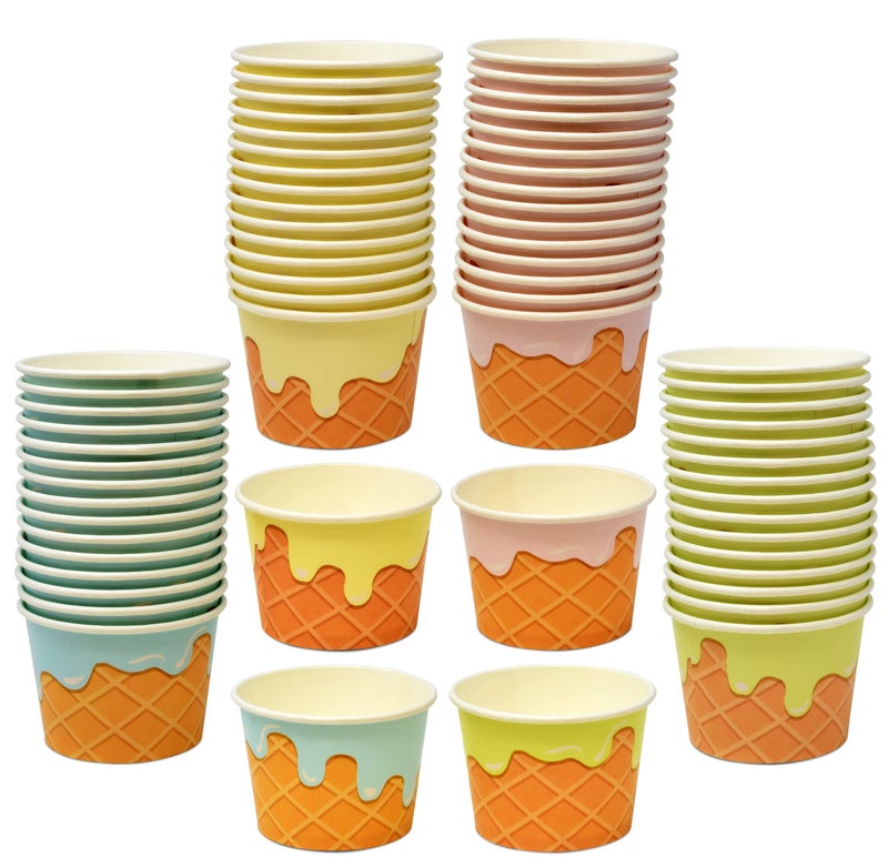 Gift Boutique هدايا بوتيك 60 كوب آيس كريم مخروطية 10 أونص disposable ورق كوب حلوى أطباق سونداي مجمدة باللون الوردي والأزرق والأصفر والأخضر لوازم حفلات عيد الميلاد - Image 1