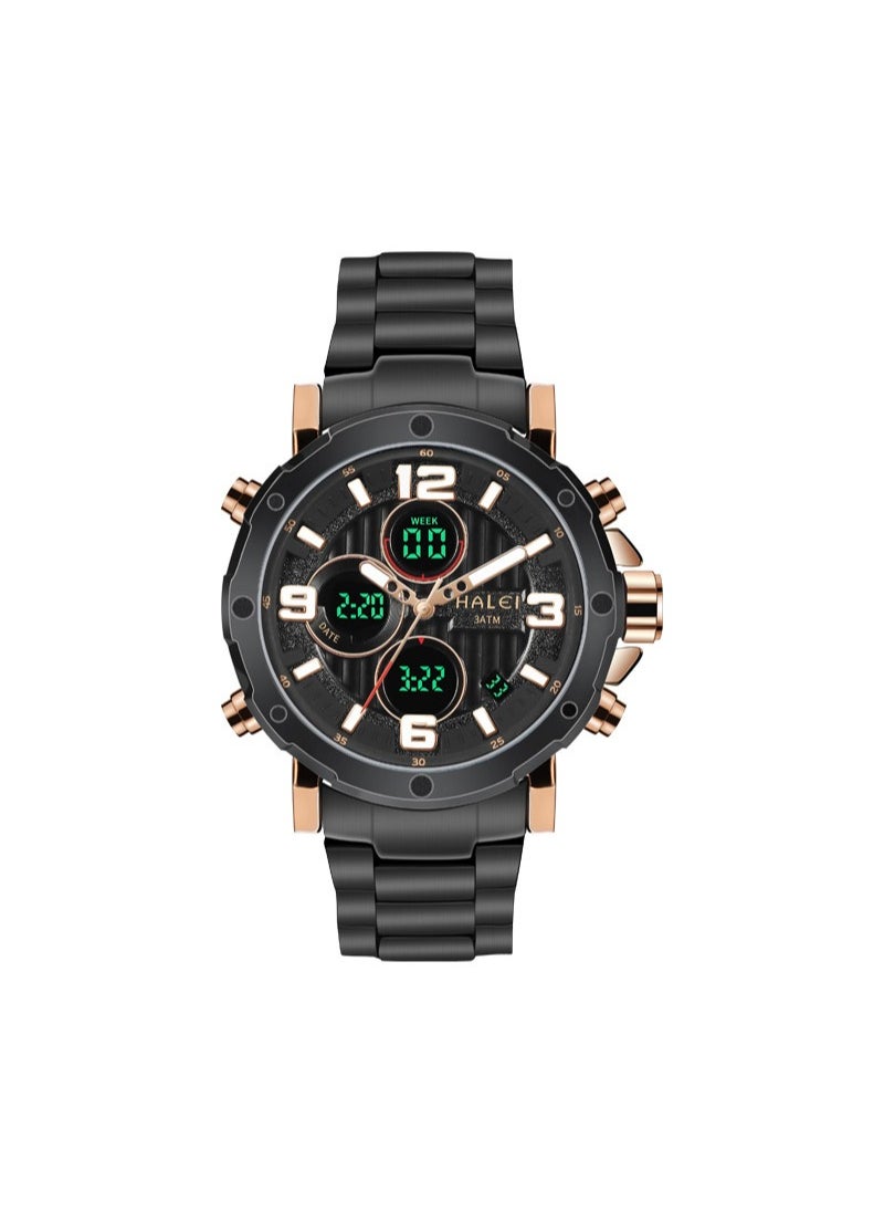 HALEI Men's Water Resistant Stainless Steel Analog & Digital Wrist Watch 1003M_bk- 46.6 mm - Black  - Image 1
