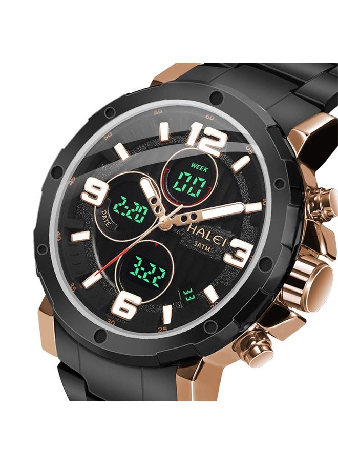 HALEI Men's Water Resistant Stainless Steel Analog & Digital Wrist Watch 1003M_bk- 46.6 mm - Black  - Image 3
