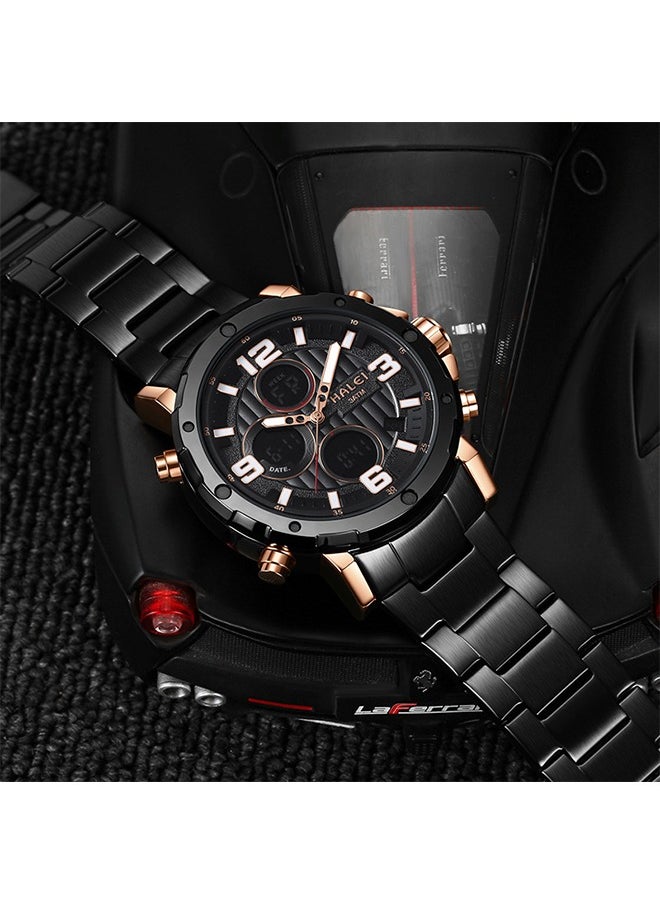 HALEI Men's Water Resistant Stainless Steel Analog & Digital Wrist Watch 1003M_bk- 46.6 mm - Black  - Image 4