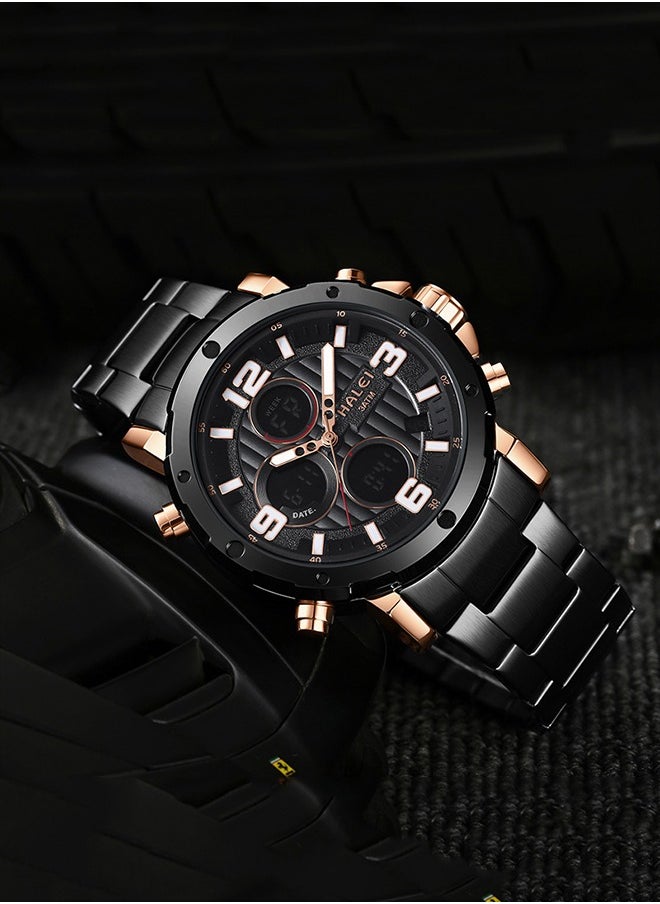 HALEI Men's Water Resistant Stainless Steel Analog & Digital Wrist Watch 1003M_bk- 46.6 mm - Black  - Image 5