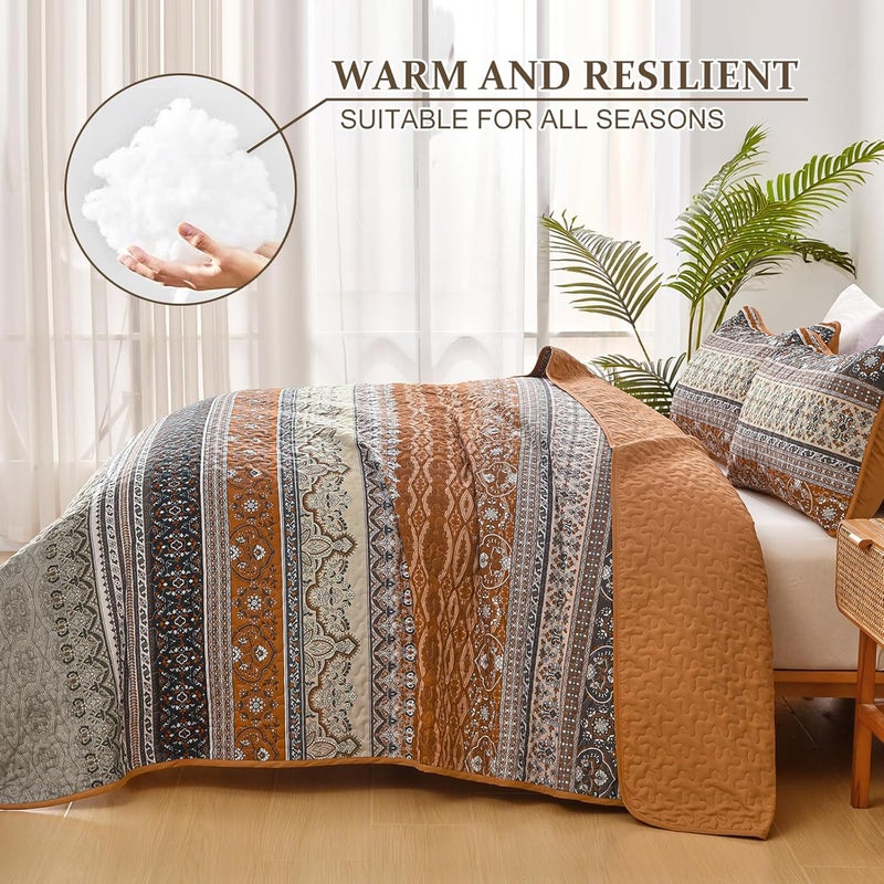 WONGS BEDDING مجموعة أغطية الأسر��ة بأسلوب البوهو لفصل الخريف، حجم كينغ كاليفورنيا، غطاء سرير بني بنقش مخطط، غطاء سرير خفيف من القطن الميكروفيبر، مناسب لجميع المواسم، مقاس 106" × 96" (3 قطعة) - Image 4