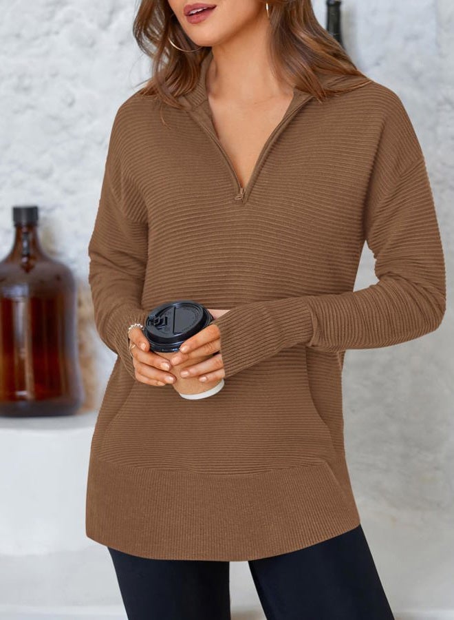 BTFBM Sweaters for Women Fall Clothes 2025 Pocket Quarter Zip Pullover V Neck Long Sleeve Knit Trendy Winter Sweater, Brown, XL - Image 3
