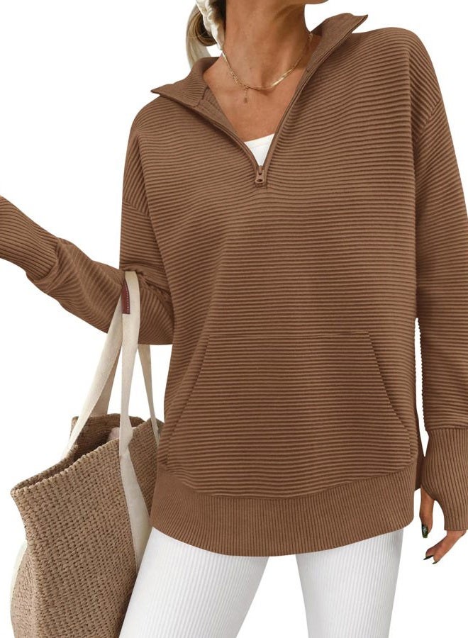 BTFBM Sweaters for Women Fall Clothes 2025 Pocket Quarter Zip Pullover V Neck Long Sleeve Knit Trendy Winter Sweater, Brown, XL - Image 1