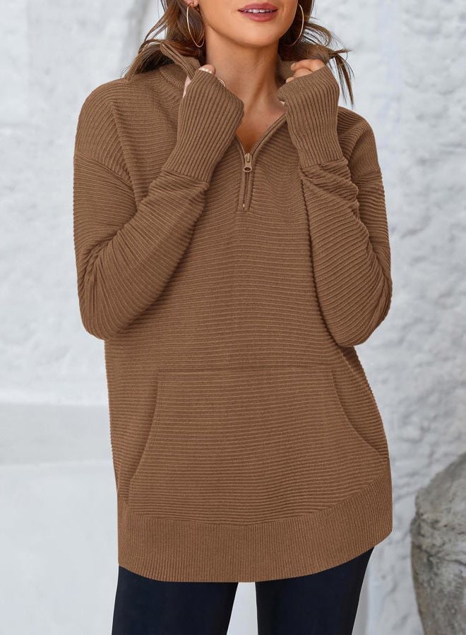 BTFBM Sweaters for Women Fall Clothes 2025 Pocket Quarter Zip Pullover V Neck Long Sleeve Knit Trendy Winter Sweater, Brown, XL - Image 4