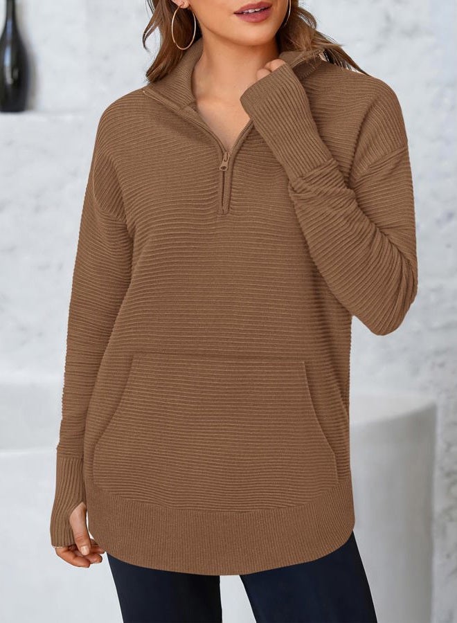 BTFBM Sweaters for Women Fall Clothes 2025 Pocket Quarter Zip Pullover V Neck Long Sleeve Knit Trendy Winter Sweater, Brown, XL - Image 2